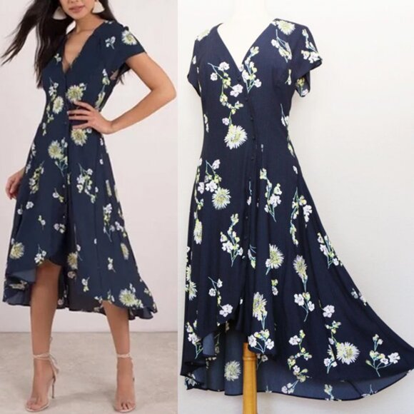 Free People Dresses & Skirts - Free People Lost In You High Low Button Front Navy Floral Wrap Midi Dress $128 S